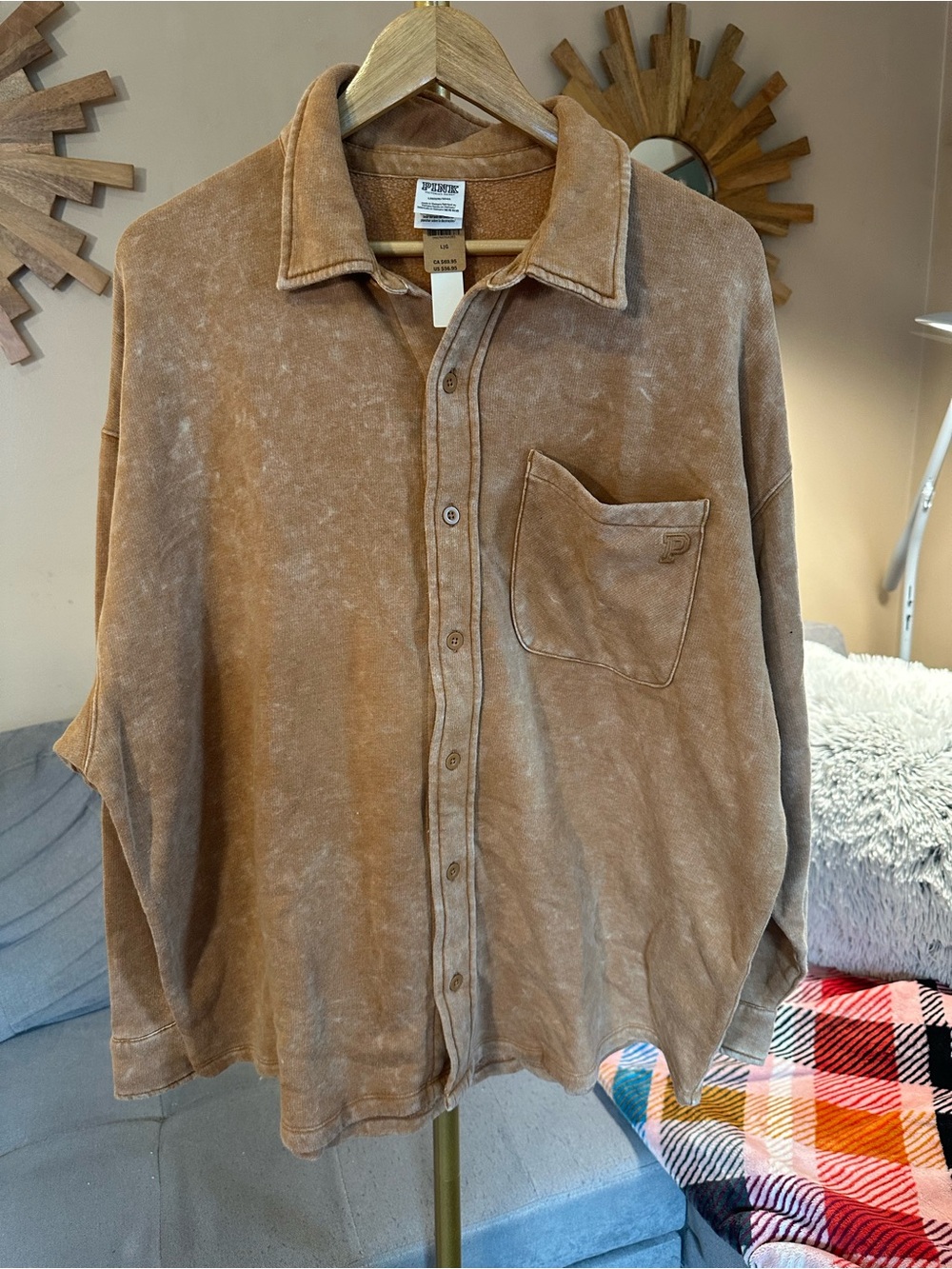 PINK Victoria's Secret Shacket Tan Brown Button-Up Sweatshirt NWT - Picture 4 of 7